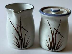 Handmade Studio Pottery Creamer and Sugar Bowl Set with Bamboo Motif